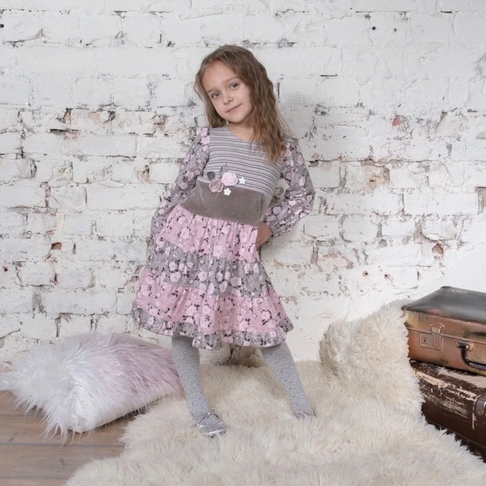 Zaza Couture Girls Striped‎ Floral Tiered Dress Pink Gray Long Sleeve Size 5